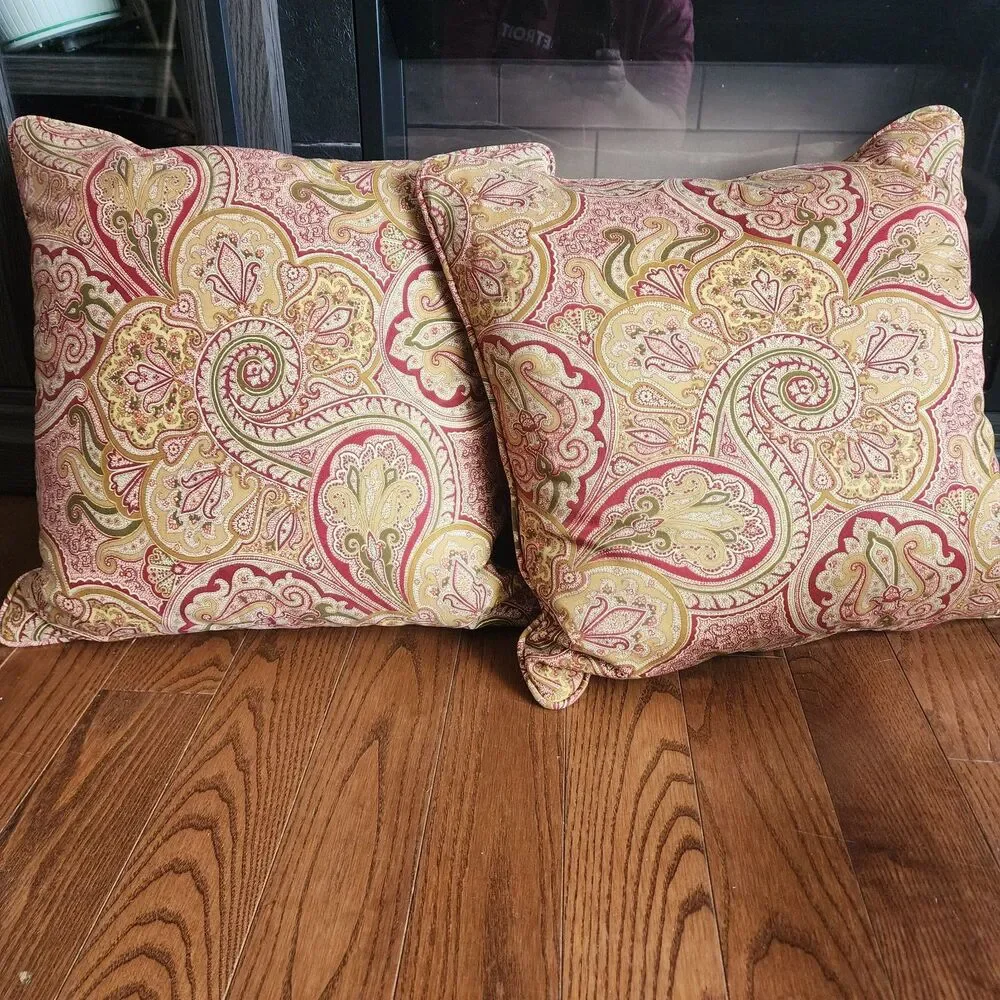 2 Throw Pillows Red Paisley French Country Down Duck Feathers Removable Covers